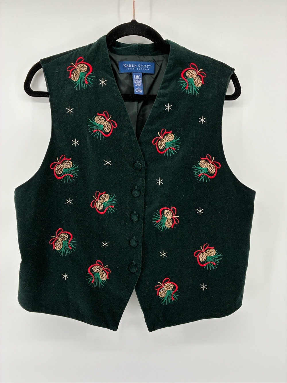 Karen Scott Dark Green Acorn & Ribbon Embroidered Holiday Vest